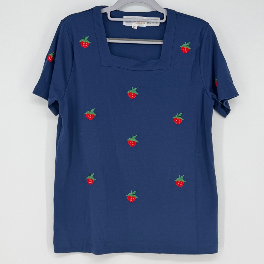 Astor One Vintage‎ Womens XL Blue Strawberry Embroidered Square Neck Cottagecore